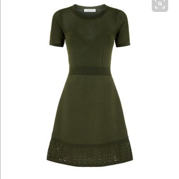 Sandro green olive rhapsody perforated fit and flare dress - Picture 2 of 12